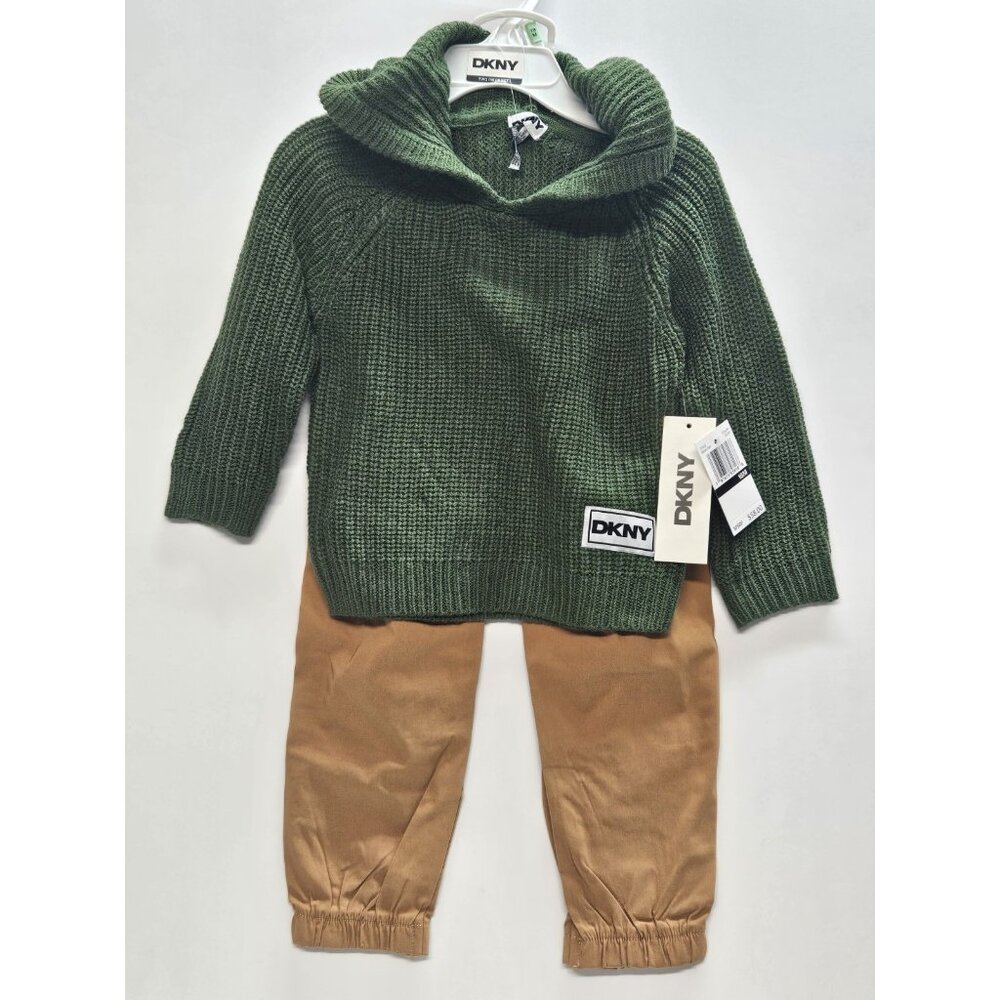 DKNY Size 18M Baby Boys Set Of 2, Green Olive Hoodie, Brown Pants With Pockets